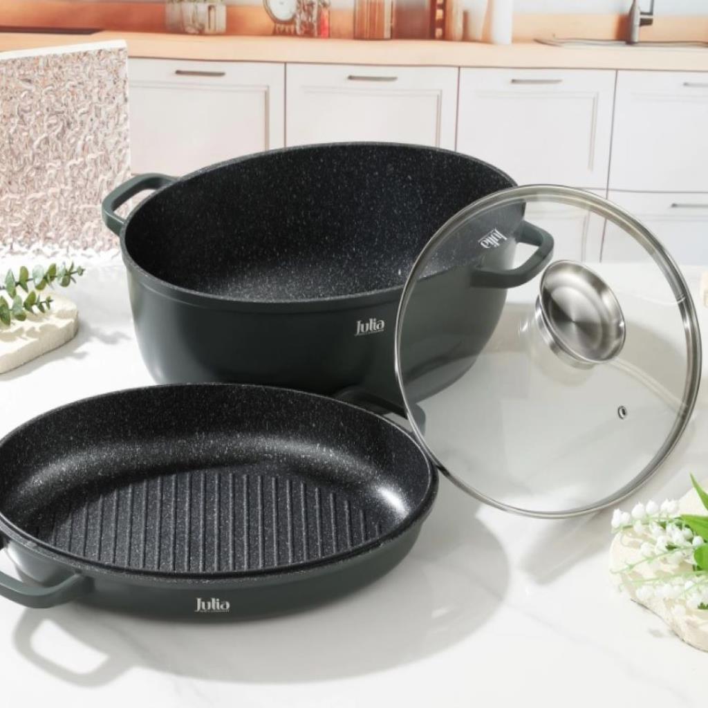 صينية تحمير بيضاوية ELITE-PRO مع غطاء (3 قطع) 39 سم – أخضر